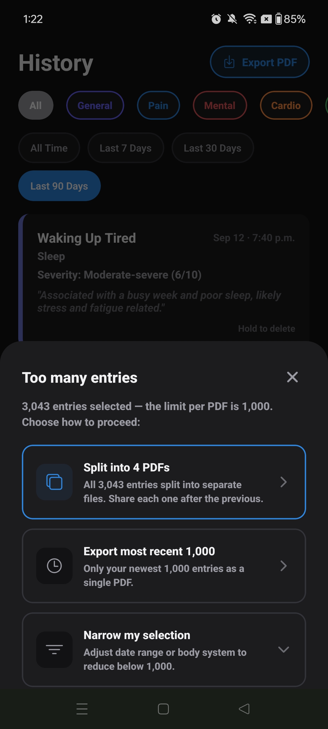 Too many entries dialog
