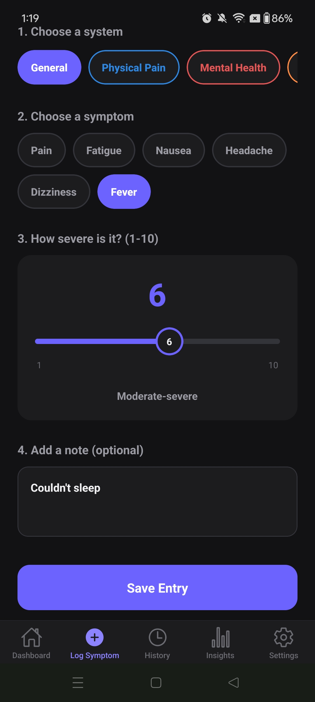 Log Symptom screen