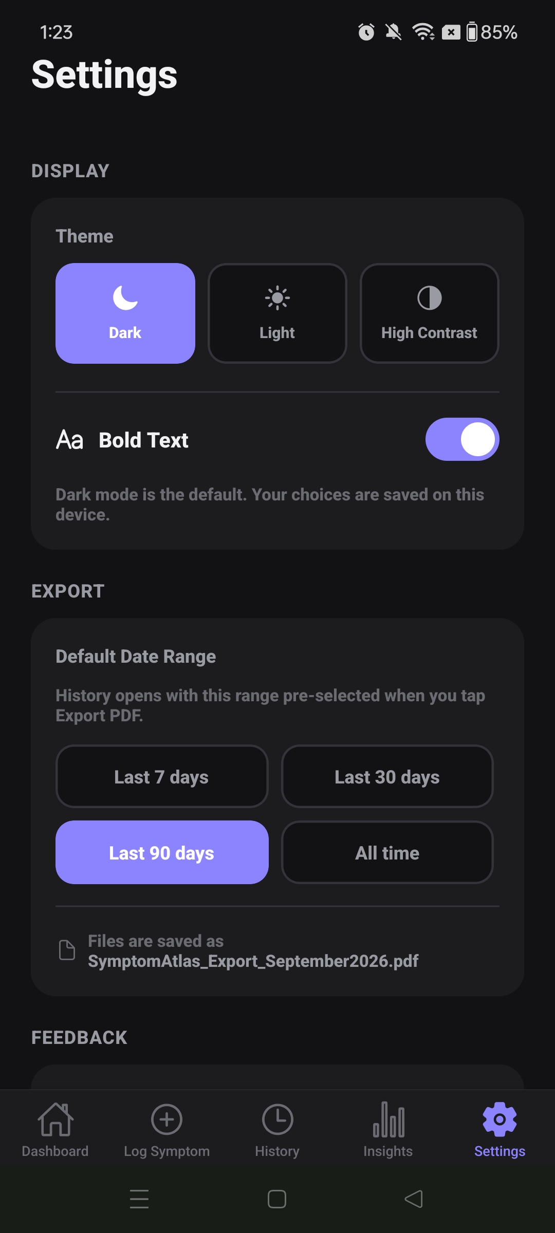 Settings screen