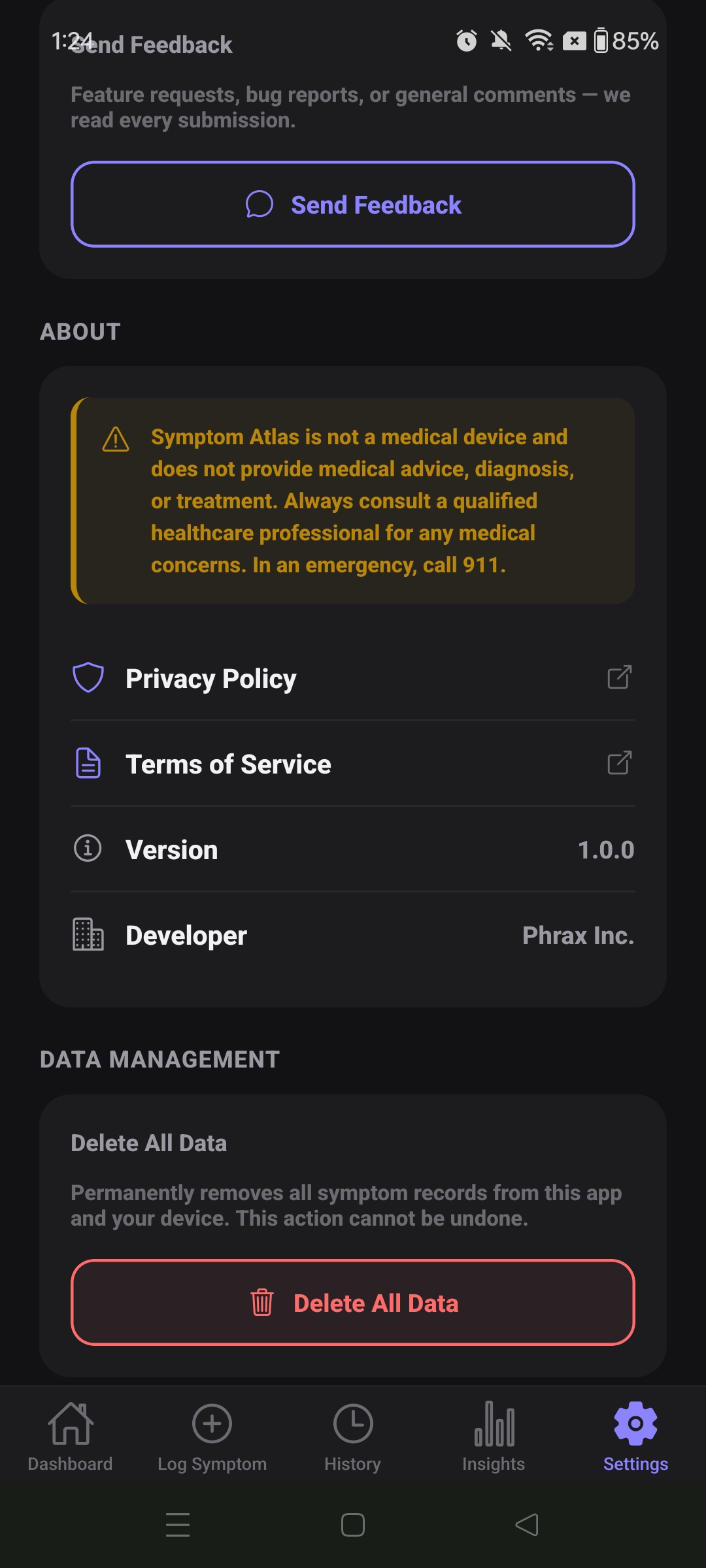 Settings Data Management section